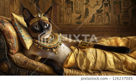 A lavishly adorned cat reclines on a luxurious golden couch, wearing intricate jewelry against a backdrop of ancient Egyptian hieroglyphs, creating a unique fusion of feline elegance and history. 126237085
