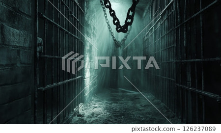 A haunting jail corridor featuring two dark cell doors, water pooling on the ground, and chains hanging from the ceiling, illuminated by a faint light filtering through the mist. 126237089