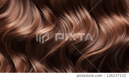 Shimmering brown waves of hair cascade elegantly, showcasing a natural shine and texture. 126237132