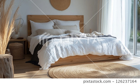 The serene bedroom features a wooden bed adorned with soft linens. Natural light floods in, creating a warm atmosphere. A round rug and plants enhance the inviting decor. 126237164