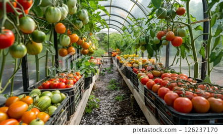 Colorful tomatoes and other vegetables are neatly arranged in baskets inside a greenhouse filled with greenery. 126237170