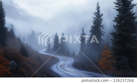 A winding road navigates through a dense forest shrouded in mist during the early morning. Tall evergreen trees rise alongside the path, creating an ethereal atmosphere filled with tranquility. A winding road navigates through a dense forest shrouded in mist during the early morning. Tall evergreen trees rise alongside the path, creating an ethereal atmosphere filled with tranquility. 126237268