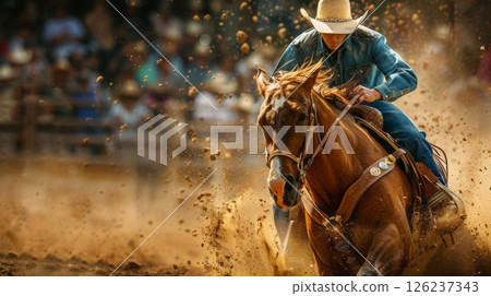 A cowboy expertly rides a powerful horse, kicking up dust in a rodeo arena filled with spectators, showcasing skill and excitement. 126237343