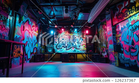 An empty underground performance space with colorful graffiti art on the walls, illuminated by spotlights. 126237367