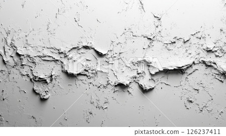 The surface features a striking display of peeling white paint, revealing varying textures and patterns that tell a story of age and deterioration over time. 126237411