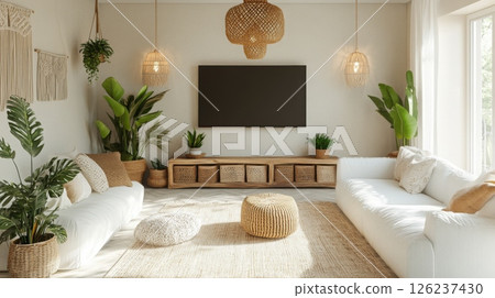 A white living room with two white couches and a large television. The room has a wicker chandelier, large plants in wicker baskets, and wicker storage on a wooden shelf 126237430