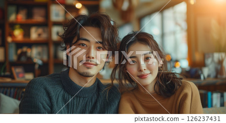 A young man and woman smile at the camera while sitting in a cafe. 126237431
