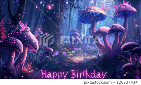 An enchanting forest filled with vibrant mushrooms and twinkling lights creates a whimsical atmosphere for a birthday celebration under the stars. 126237434