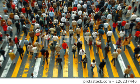 A large crowd of people crossing a busy intersection at a crosswalk, following pedestrian signals and traffic flow. 126237446