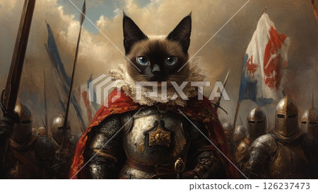 A cat wearing a royal cape and ornate armor stands confidently in front of a group of armored knights holding flags. The dramatic sky enhances the epic medieval atmosphere surrounding the scene. 126237473