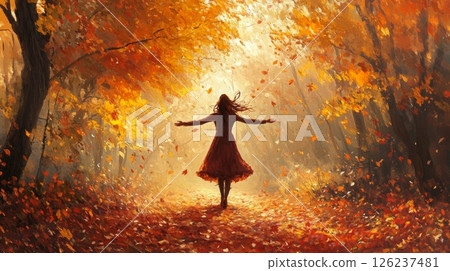 A woman in a flowing dress experiences pure joy as she dances amidst a forest filled with colorful autumn foliage. The warm sunlight filters through the trees, highlighting her carefree spirit. 126237481