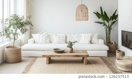 This inviting space showcases a minimalist living room with a white sofa, soft pillows, and a wooden coffee table. Natural plants add a fresh touch, while a woven rug enhances the cozy atmosphere. This inviting space showcases a minimalist living room with a white sofa, soft pillows, and a wooden coffee table. Natural plants add a fresh touch, while a woven rug enhances the cozy atmosphere. 126237513
