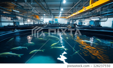 Circular tanks filled with fish reflect overhead lighting in a large aquaculture facility during nighttime. Circular tanks filled with fish reflect overhead lighting in a large aquaculture facility during nighttime. 126237550