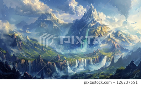 A valley nestled between towering mountains with waterfalls cascading down their slopes. The sky is clear and blue with fluffy white clouds. 126237551