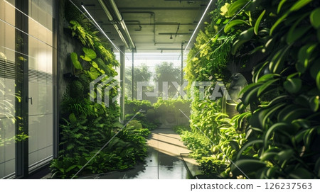 A modern building interior with green walls extending from the floor to the ceiling. Sunlight streams in through a large window, illuminating the path through the foliage. 126237563