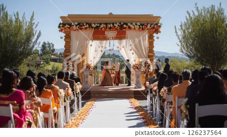 A couple exchanges vows in a beautifully decorated outdoor venue surrounded by guests, flowers, and trees. 126237564