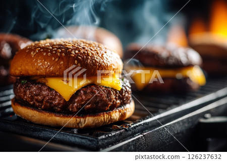Grilled burger patty with melted cheese Grilled burger patty with melted cheese 126237632