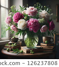An arrangement of fresh peonies in a vase. 126237808
