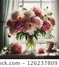 An arrangement of fresh peonies in a vase. 126237809
