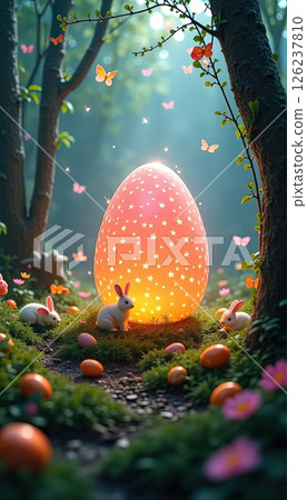 Magical glowing egg surrounded by rabbits and colorful butterflies in an enchanted forest setting during springtime 126237810