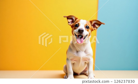 Cut dog puppy sitting on a shiny floor surrounded by colorful pastel backdrop in a bright indoor studio setting 126237830