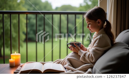 Child enjoys a quiet moment with a book and a warm drink while seated by a balcony overlooking a peaceful garden in the afternoon 126237847