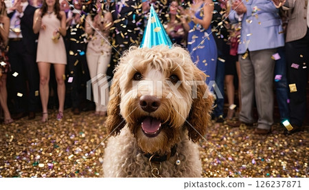 Happy dog celebrating at a birthday party with colorful confetti in a park on a sunny day Happy dog celebrating at a birthday party with colorful confetti in a park on a sunny day 126237871