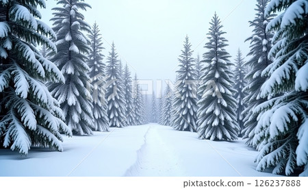Winter landscape with evergreen trees lining a snowy path in a serene forest setting Winter landscape with evergreen trees lining a snowy path in a serene forest setting 126237888