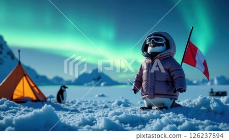 Colorful aurora illuminates a penguin in a cozy orange jacket near a campsite in a winter Arctic landscape Colorful aurora illuminates a penguin in a cozy orange jacket near a campsite in a winter Arctic landscape 126237894