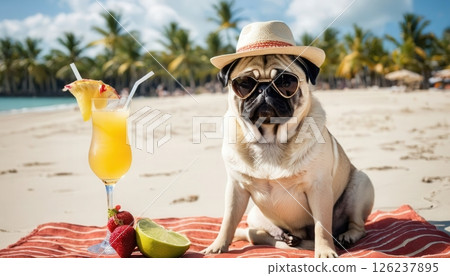 Relaxing pug on the beach with tropical drink nearby during a sunny day in a tropical paradise 126237895