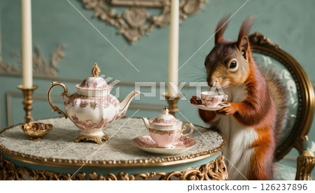 Squirrel enjoys a tea party in an elegantly decorated room with vintage porcelain teapot and cups 126237896