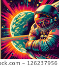 An astronaut floating in space in a charming retro style from the 1970s. 126237956