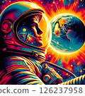 An astronaut floating in space in a charming retro style from the 1970s. 126237958