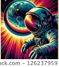 An astronaut floating in space in a charming retro style from the 1970s. 126237959