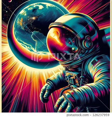 An astronaut floating in space in a charming retro style from the 1970s. 126237959