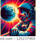 An astronaut floating in space in a charming retro style from the 1970s. 126237960