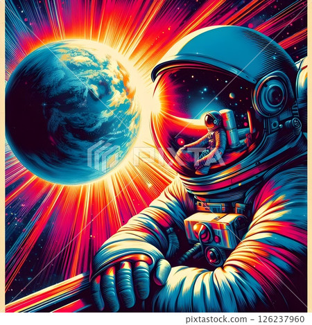 An astronaut floating in space in a charming retro style from the 1970s. 126237960