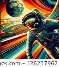 An astronaut floating in space in a charming retro style from the 1970s. 126237962