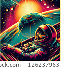 An astronaut floating in space in a charming retro style from the 1970s. 126237963