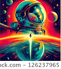 An astronaut floating in space in a charming retro style from the 1970s. 126237965