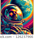 An astronaut floating in space in a charming retro style from the 1970s. 126237966