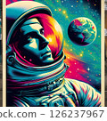 An astronaut floating in space in a charming retro style from the 1970s. 126237967