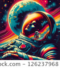 An astronaut floating in space in a charming retro style from the 1970s. 126237968