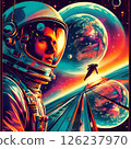 An astronaut floating in space in a charming retro style from the 1970s. 126237970