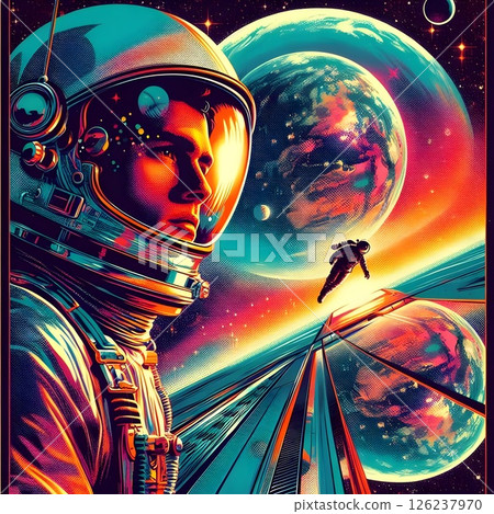 An astronaut floating in space in a charming retro style from the 1970s. 126237970
