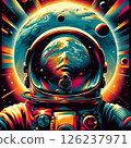 An astronaut floating in space in a charming retro style from the 1970s. 126237971