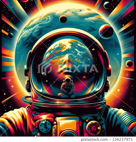 An astronaut floating in space in a charming... - Stock Illustration