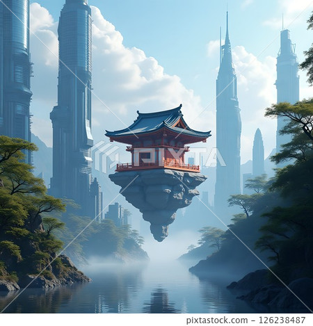 A floating shrine in a spectacular futuristic city 126238487