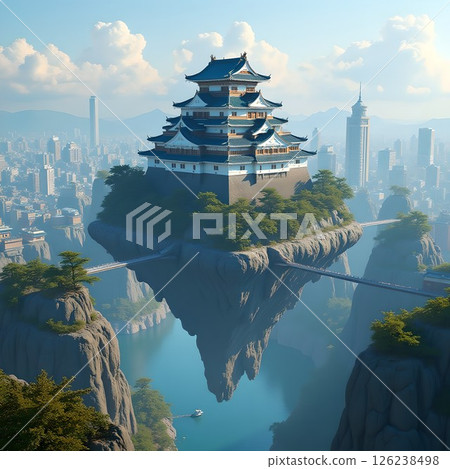 A floating castle in a spectacular futuristic city 126238498