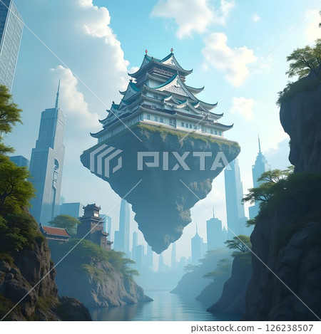 A floating castle in a spectacular futuristic city 126238507